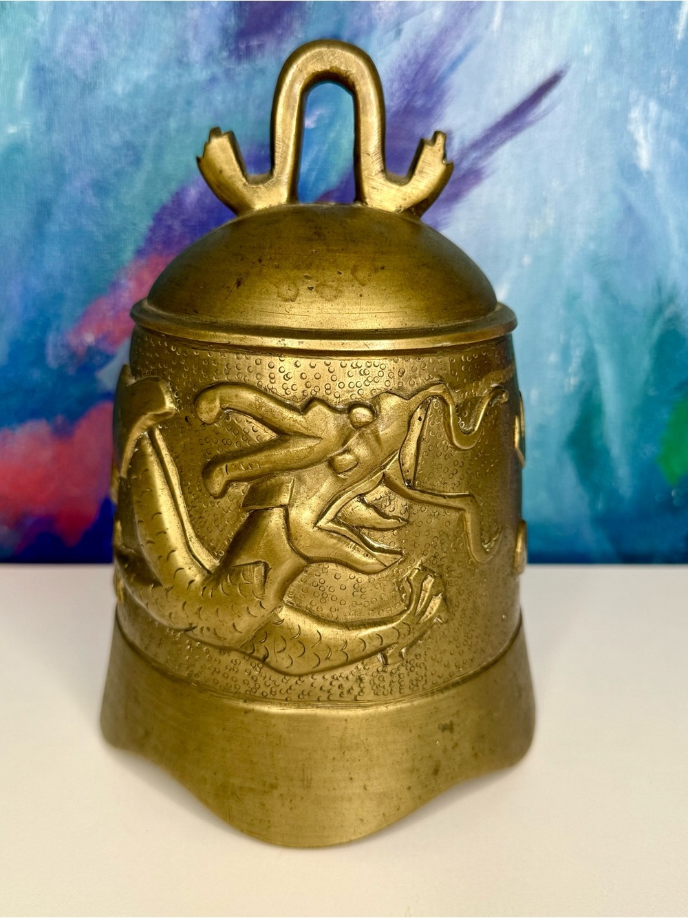 Chinese Brass Temple Gong Bell Dragon Chasing a Pearl Large Heavy Vintage Metal